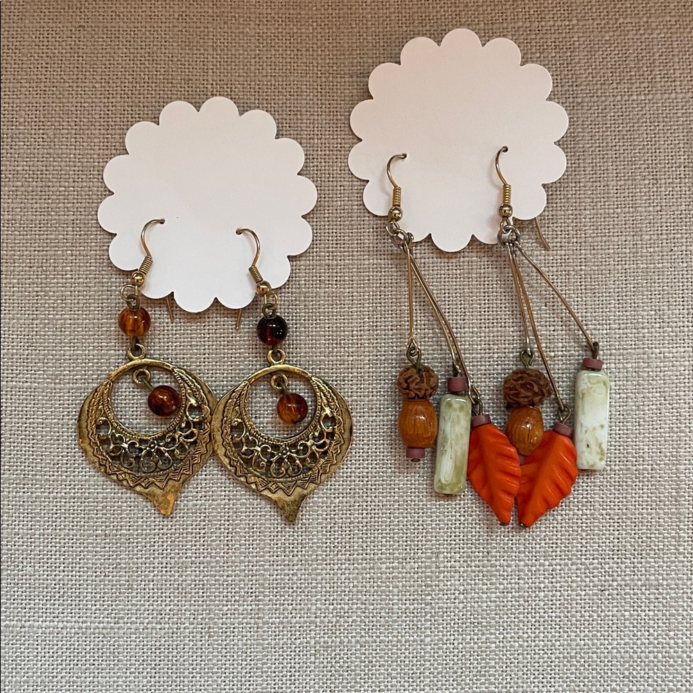 Two Earring Sets: Artisan Orange and Brown Leaf & Middle Eastern Beaded